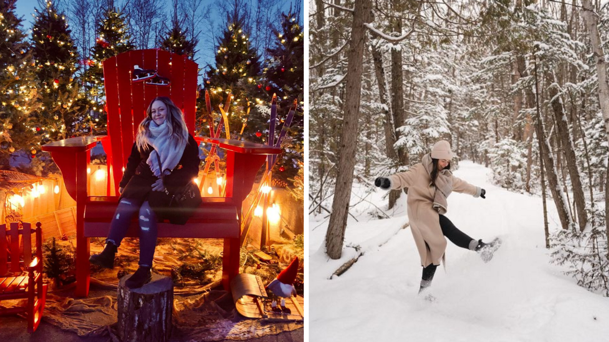 Visiteuse au Marché de Noël de Mirabel. Droite : Randonneuse aux Sentiers de la Presqu'ïle.