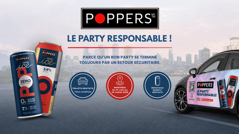 Visuel promotionnel de l'initiative Party Responsable de Poppers mettant en avant des trajets gratuits \u00e0 Montr\u00e9al.