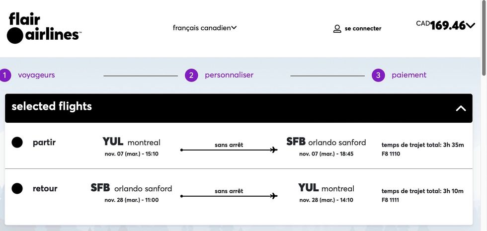 Vol aller-retour Montr\u00e9al-Orlando.