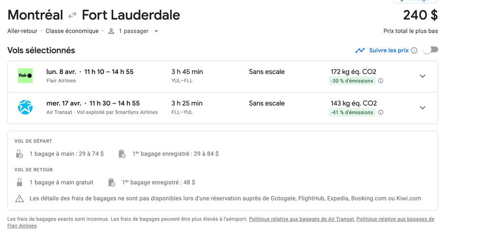 Vol de Montr\u00e9al vers Fort Lauderdale \u00e0 240 $ en avril.