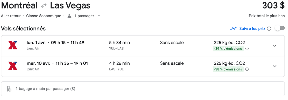 Vol de Montr\u00e9al vers Las Vegas sur le site de Google flights.