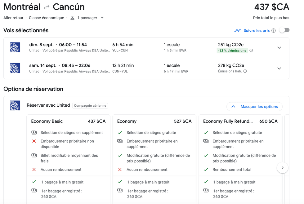 Vols entre Montr\u00e9al et Cancun en septembre.