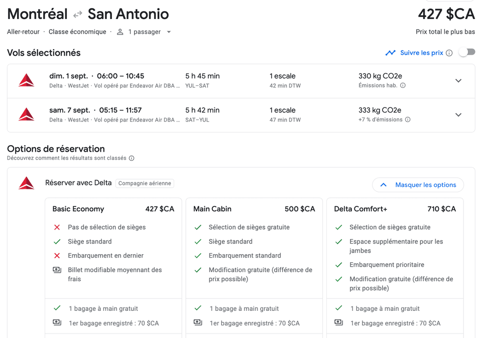 Vols entre Montr\u00e9al et San Antonio en septembre.