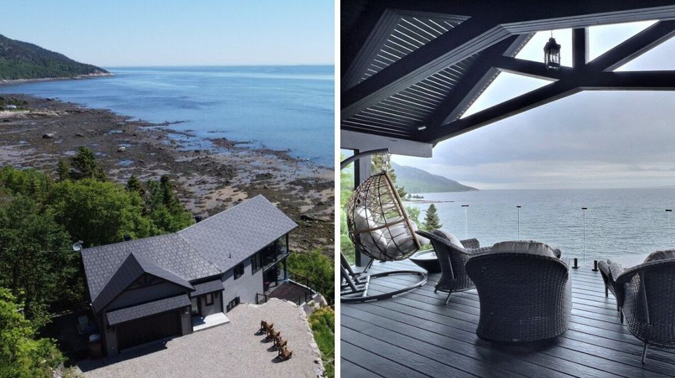 Vue a\u00e9rienne d'un chalet situ\u00e9 pr\u00e8s du fleuve Saint-Laurent. Droite : balcon dot\u00e9 de chaises offrant une vue sur le fleuve Saint-Laurent.