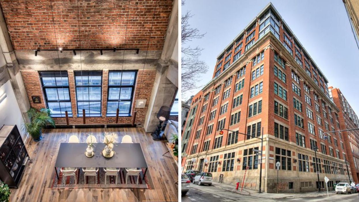 Vue aérienne de l'intérieur du condominium à vendre. Droite : Extérieur du condo à vendre à Montréal.