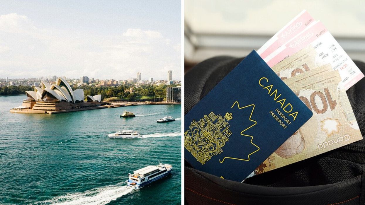 Vue aérienne de Sydney en Australie. Droite : Passeport et argent canadien.
