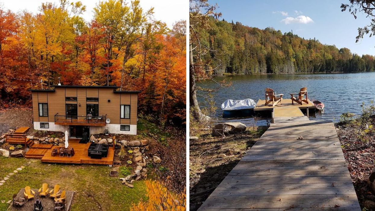 Vue aérienne du chalet. Droite : Ponton avec chaises donnant sur le lac.