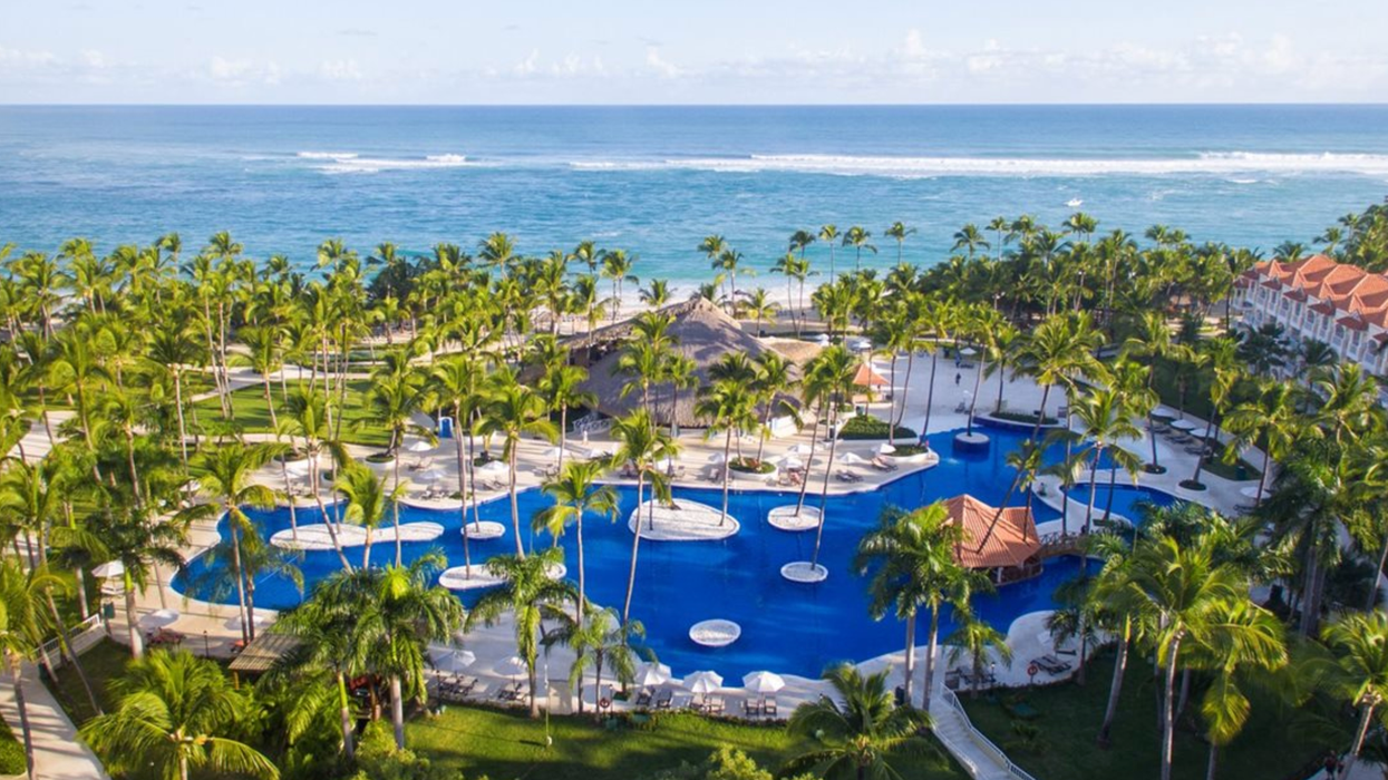 Vue aérienne d’une immense piscine bleu profond entourée d’une multitude de palmiers et de sentiers sinueux, avec la mer turquoise en arrière-plan.