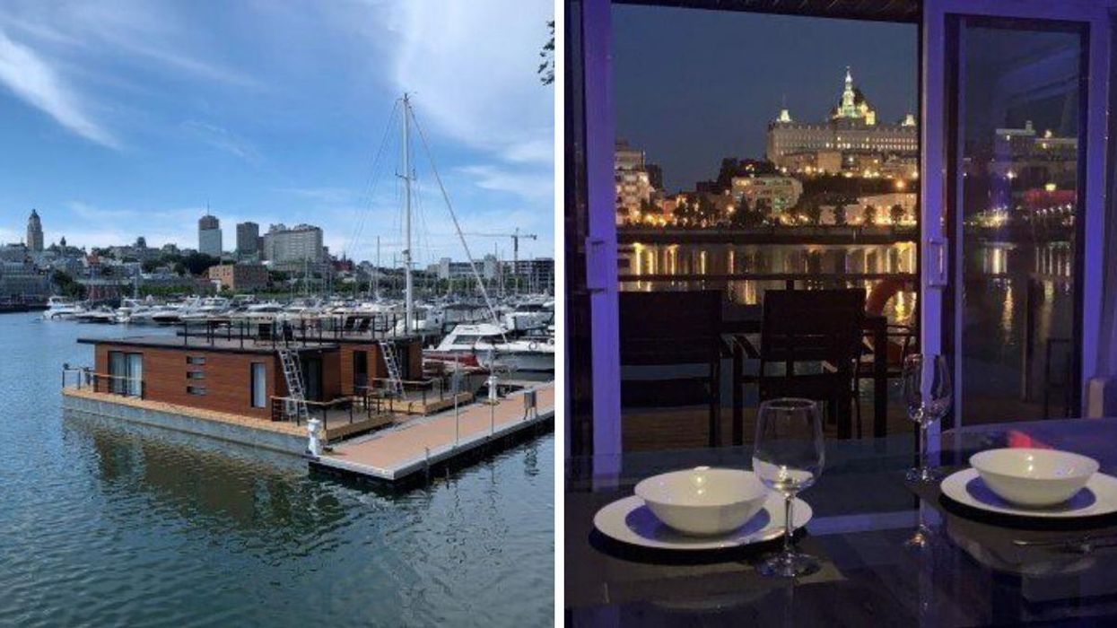 Vue de côté de la maison flottante à louer à Québec. Droite : De la vaisselle placée sur une table avec vue sur le Vieux-Québec à bord de la maison flottante.