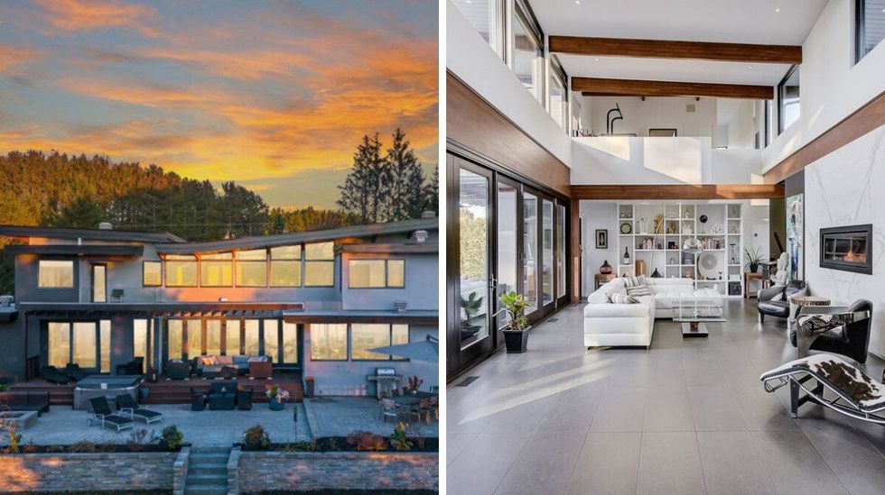 Vue ext\u00e9rieure d'un chalet blanc avec un grand balcon. Droite : Salon d'un chalet, avec un canap\u00e9 et une biblioth\u00e8que.