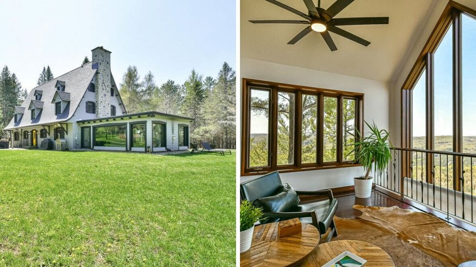 Vue ext\u00e9rieure d'un chalet blanc avec un plafond cath\u00e9drale. Droite : Int\u00e9rieur d'un chalet avec vue sur les montagnes.