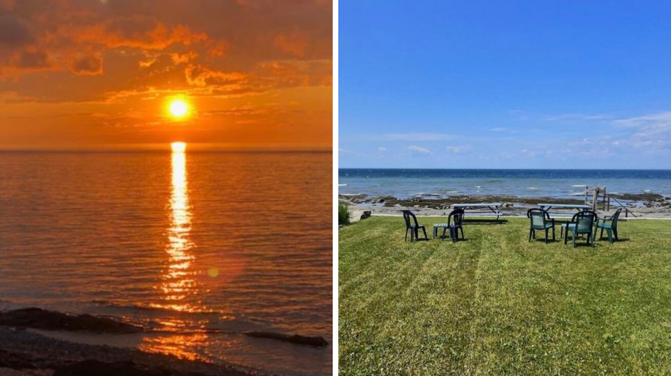 Vue sur le coucher de soleil. Droite: Cour arri\u00e8re devant le fleuve.