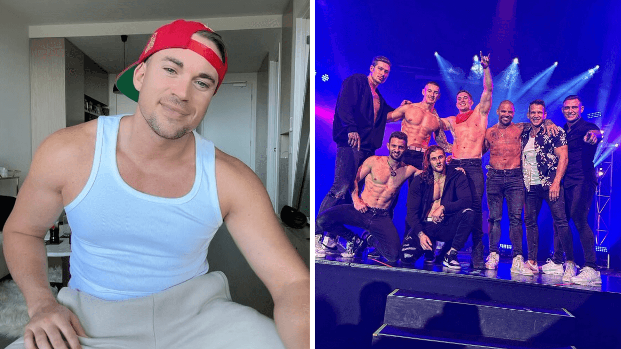 Will Parfitt, sosie de Channing Tatum, en camisole blanche. Droite : La troupe de Magic Men Australia sur scène.