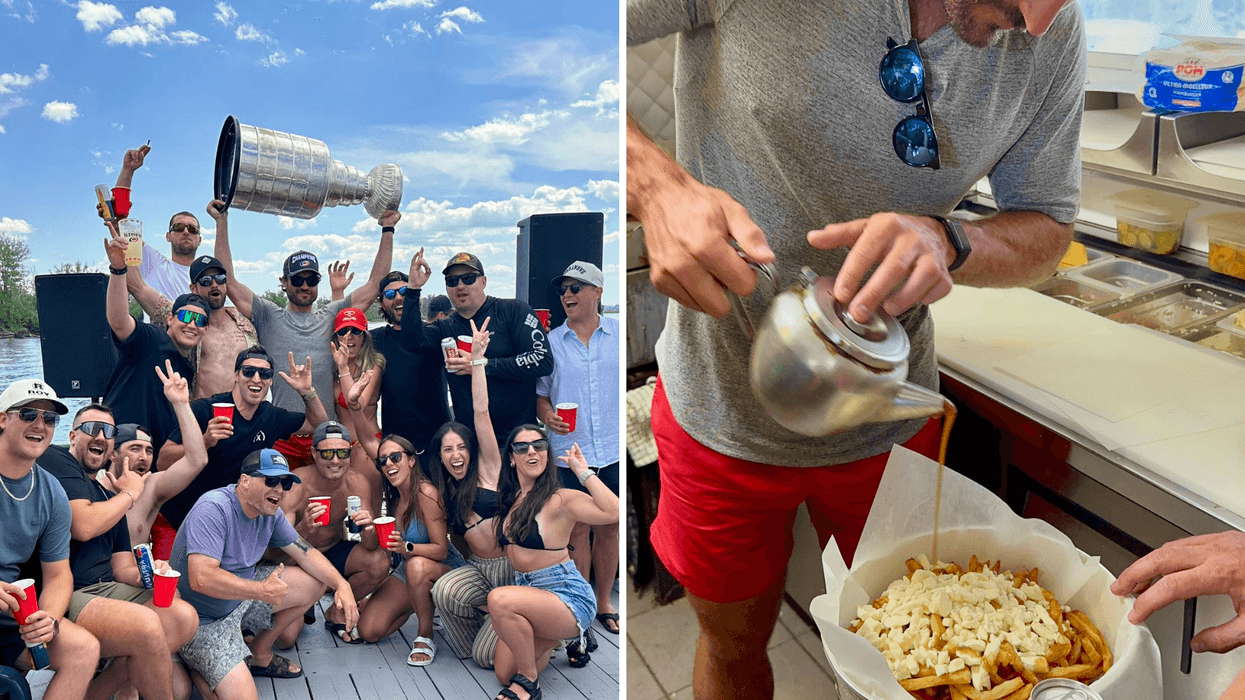 William Carrier et son entourage avec la Coupe Stanley. Droite : William Carrier qui garnit une poutine servie dans la Coupe Stanley.