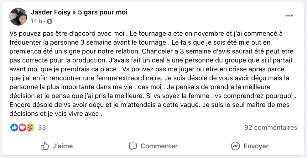 Yanick commente sa participation \u00e0 5 gars pour moi.