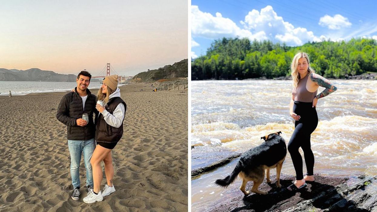 Yannick Martel et Alexandra Lapierre d'OD. Droite : Alexandra d'OD enceinte et son chien Tyson.