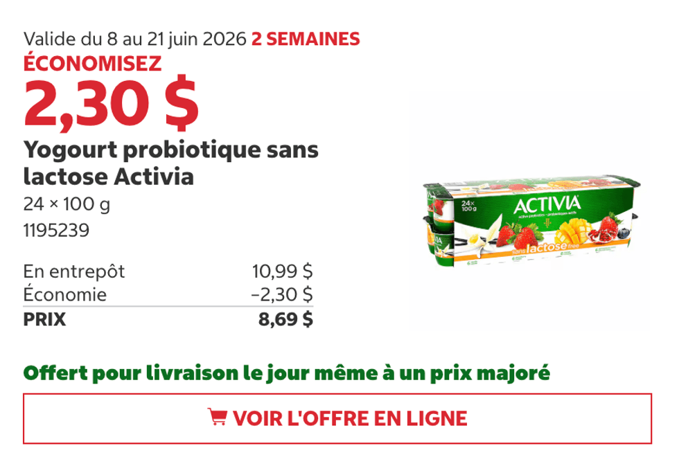 Yogourt probiotique sans lactose Activia au Costco.