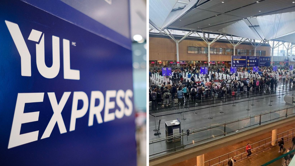 YUL Express. Droite : Foule à l'aéroport Montréal-Trudeau. 